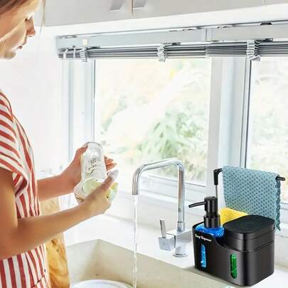 1pc 5-In-1 Kitchen Sink Organizer With 2 Soap Dispensers, Sponge Holder And Dishcloth Rack, Suitable For Hand Soap, Dish Soap, Sponge And Cleaning Tools, Kitchen Sink Accessories