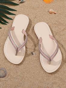 1 双加大码女童时尚拖鞋，柔软亮面 PU 材质，浪漫水钻装饰，圆头人字拖，适合女学生休闲、沙滩、派对、夏季 - 粉色 - 查看 2