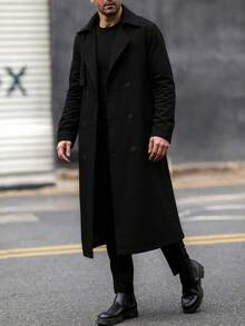 男士长款风衣，简约设计，配腰带，秋季 - 黑色 - 查看 1