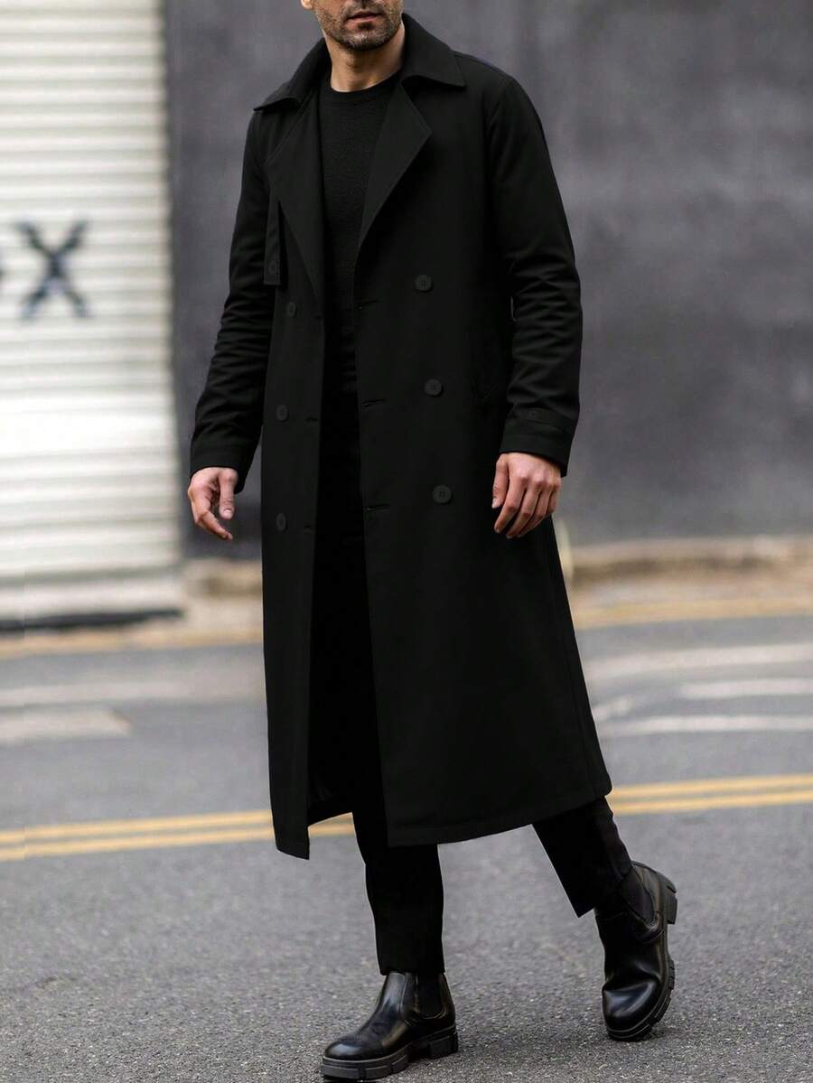 男士长款风衣，简约设计，配腰带，秋季 - 黑色 - 查看 1