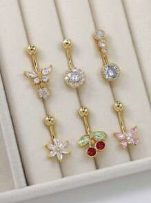 6 件时尚方晶锆石装饰蝴蝶形肚脐环，心形吊坠肚脐穿孔首饰适合男士、日常佩戴和节日礼物，不锈钢弯杆肚脐环镶嵌闪亮水钻 - 彩色 - 查看 11