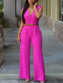 女士高腰 V 领阔腿裤连体裤不对称套装（配腰带） - 粉色 - 查看 3