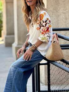 女士休闲宽松长袖印花衬衫，适合返校、万圣节、通勤、秋冬季