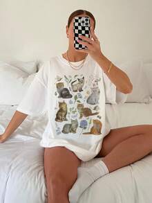 Cats Retro 90s Tattoo T Shirt Vintage Kitten Nature Shirt, Cat Lovers Gift Cottagecore Relaxed Adult Graphic Tee - 白色 - 查看 1