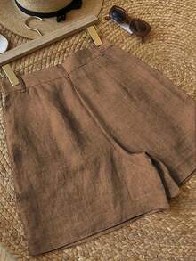 Quần short nữ màu trơn, xếp ly, có túi, ống rộng, dáng suông, thích hợp mặc mùa hè. - Màu nâu - Xem 2