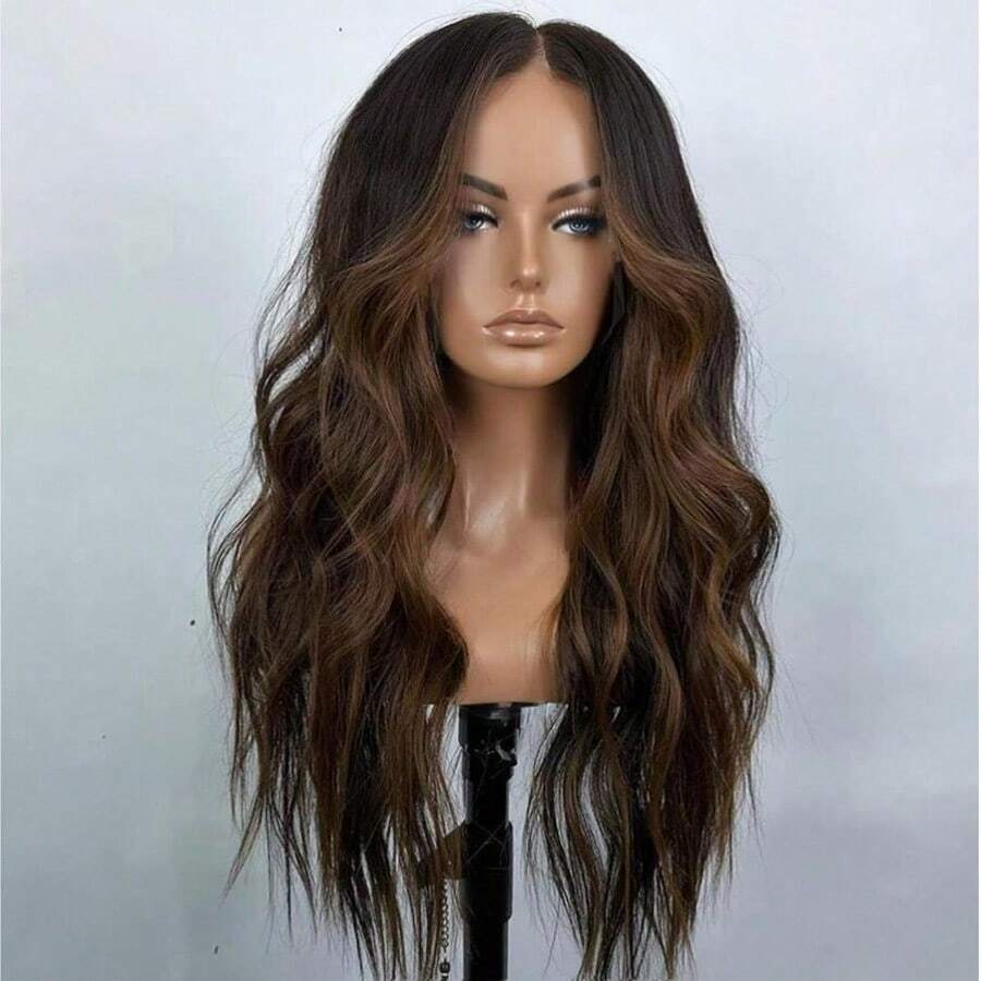 MBrown Highlight Wig Long Wavy Wigs For Women Natural Wavy Curly Synthetic Lace Front Wig Middle Part 26inch Heat Resistant Fiber Wig For Daily Party Use8001 - 棕色挑染假髮 - 查看 1