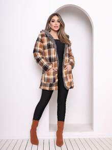Double-Sided Plush Teddy Coat In Plaid Print With Pocket And Hood - Gris - Ver 2