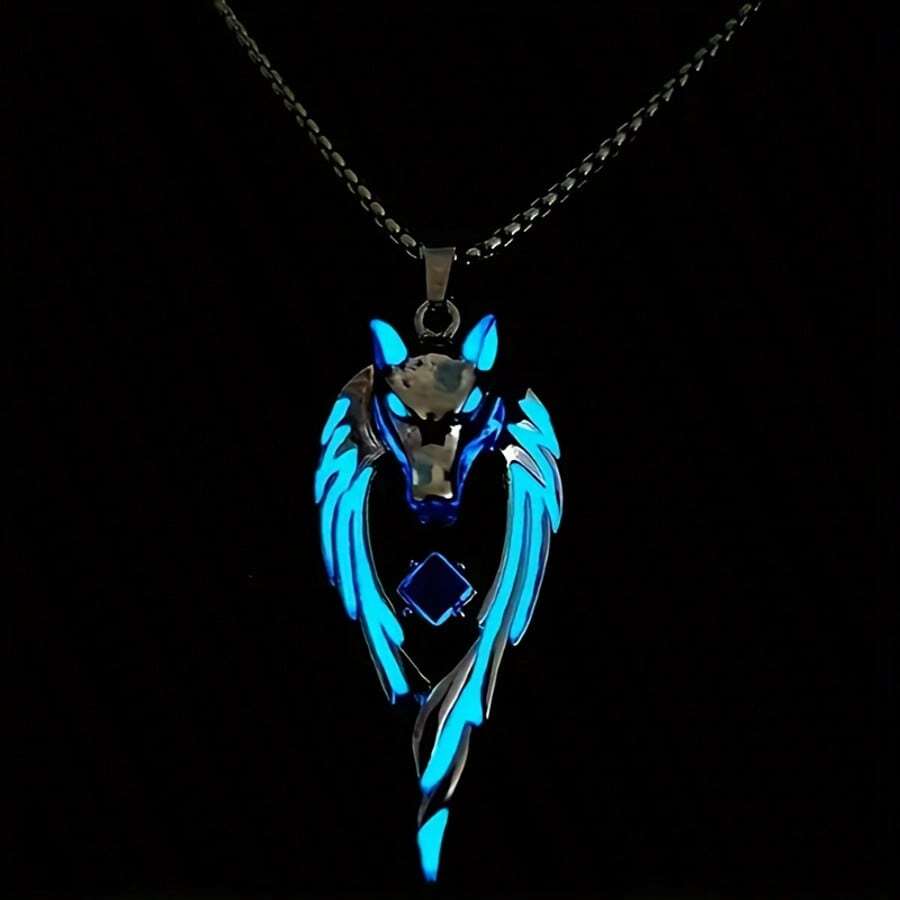 1PC Night Light Wolf King Pendant Necklace - Hip Hop Punk Style With Blue And White Night Light Accents, Perfect For Parties And Gifts - Màu xanh lam - Xem 1
