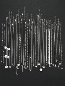 25 件/14 件/11 件简约仿珍珠扭链心形蝴蝶月亮星星项链手链套装，适合女士，适合约会、度假和日常搭配，送礼 - 銀色 - 查看 9