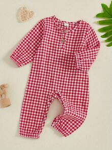 Mono de bebé a cuadros informal de manga larga con cuello redondo y estampado a cuadros con botones en la parte delantera, mono sin pies para recién nacido - Rojo - Ver 8