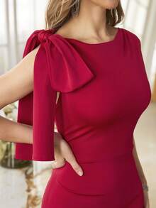 MUXXN Asymmetric Neckline One Shoulder Bow Decor Long Mermaid Formal Gown, Suitable For Wedding Guest, Graduation Ceremony, Banquet, Spring/Summer - Burgundy - View 6