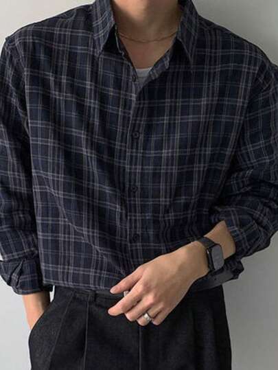 Men's Casual Plaid Long Sleeve Shirt, Purple, College Style, Suitable For Daily Wear, Spring/Autumn
