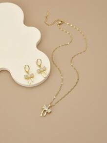 1 件时尚全水钻方晶锆石蝴蝶不锈钢女士项链，1 对时尚全水钻方晶锆石蝴蝶不锈钢女士耳环 - 金黃色 - 查看 7