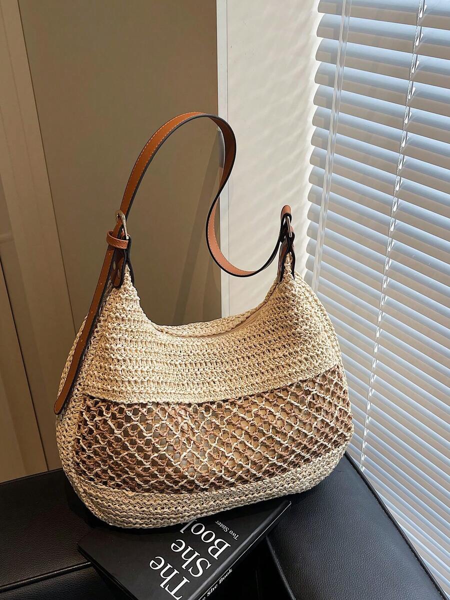女士镂空单肩包可调节肩带草编旅行手提包时尚托特包女士夏季日常包女士草编沙滩包波西米亚镂空编织手提包大容量手提包PU单肩包斜挎托特包度假
