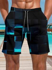 Shorts de praia casuais com estampa 3D havaiana plus size masculino - secagem rápida, cintura com cordão, perfeito para passeios de verão - Multicolorido - Ver 1