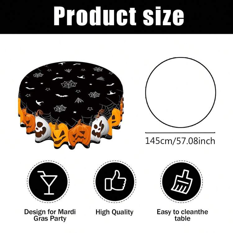 1pc Round Tablecloth Diameter 145cm (57.08inch), Rectangular Tablecloth 140x180cm (55.11inch X 70.86inch). Halloween Pumpkin Face Pattern Polyester Tablecover, Black Background With White Spider Web, Bats, Stars And Witch Hat Patterns, Suitable For Round Dining Tables, Holiday Gatherings And Party Decor - Black and White - View 12