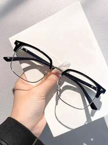 1 Pair Of High-Definition Anti Blue Light Glasses, Retro Men's Transparent Lens Glasses, Fashionable Half Frame Flat Light Glasses - 黑色 - 查看 2