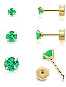 3 对 18K 镀金经典手工小平背耳钉方晶锆石耳环软骨穿孔珠宝女士情人节和狂欢节耳环 - 金色 - 查看 14