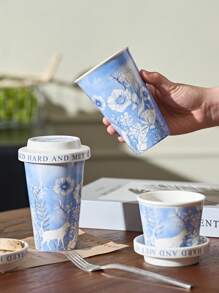 1 pieza Juego de taza de café de cerámica vintage azul y blanco, taza con asa de alta gama y exquisita, taza de oficina de gran capacidad, taza con asa de cerámica de la serie de gatos azul y blanco con tapa, taza para leche y té