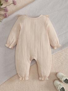 MommBaby MommBaby Infant Girls' Solid Color Cotton Ruffle Embroidered Long Sleeve Romper With Open Crotch Pants, Casual Outfit For Spring & Autumn