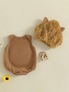 Disfraz de lobo de Halloween para bebé, mono de peluche con cuello redondo, sin mangas y retazos, con gorro, 2 piezas - Caqui - Ver 5