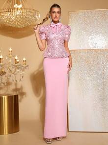 Novo conjunto de duas peças feminino, elegante e sensual, com top de manga curta e saia longa com laço bordado com diamantes brilhantes, feito à mão com miçangas. Ideal para banquetes formais e festas de fim de ano. - Rosa - Ver 5