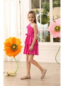 Danna Belle Girls Dress Tween One Shoulder Ruffle Tiered Layer Summer Party Dress Clothes Gifts Size 5-14 - 玫紅色 - 查看 5