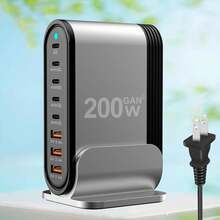 USB-C 快速充电器 - 紧凑型 8 端口 PD 快速充电器，适用于 MacBook Pro/Air、所有 iPad Pro、 16/15/14/13/12、Galaxy Note20/S22、Pixel 的笔记本电脑电源适配器，配有 5 英尺交流延长线，适合多人充电、多设备充电、家庭充电需求和办公桌充电站 - 美規A型插(110-127V) - 查看 6