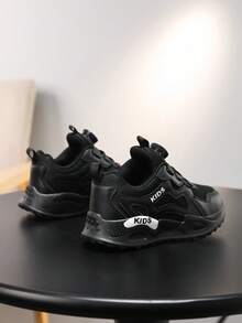 Kids' Black Athletic Chunky Sneakers, Personalized Simple Running Shoes, Rotary Buckle Mesh Breathable Casual Sports Shoes, Easy On/Off Boys Girls Student Shoes - Black - View 6