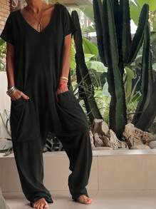 1pc Women's Knit Fabric Jumpsuit With Pockets, Suitable For Holidays, Birthdays, Parties, Travel, Summer - Black - View 1