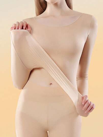 Camisetas sin costuras para mujer, camiseta interior de encaje de otoño ultradelgada de manga larga, ropa interior térmica sólida y cómoda de manga larga con cuello redondo, sin costuras, ajuste ceñido y alta elasticidad, capa base transparente de unicolor ligera y cálida para otoño e invierno, tela fina, camiseta interior básica de unicolor