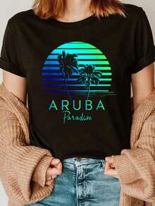 100% Cotton  Vintage Aruba Beach Vibes Vacation Souvenir T-Shirt Summer Tops For Women - màu đen - Xem 1