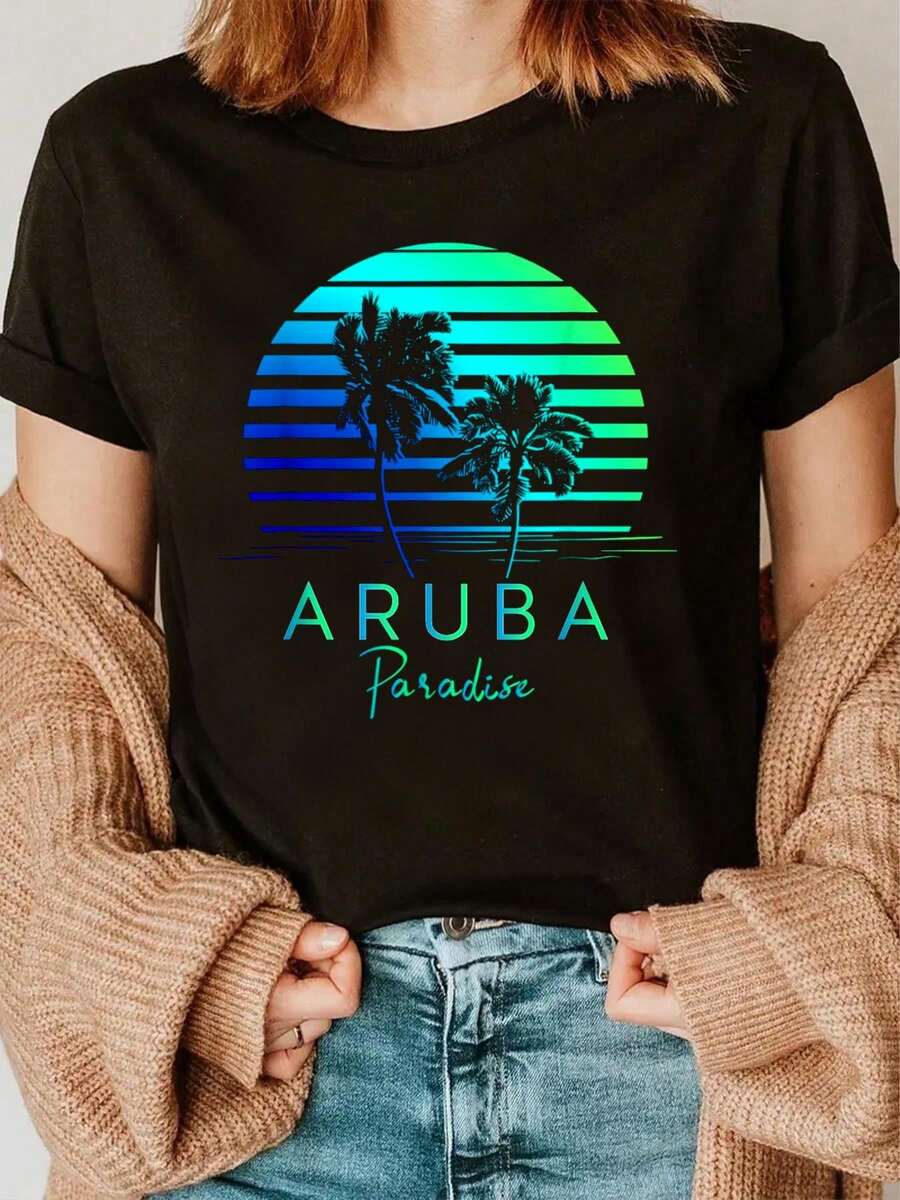 100% Cotton  Vintage Aruba Beach Vibes Vacation Souvenir T-Shirt Summer Tops For Women - màu đen - Xem 1