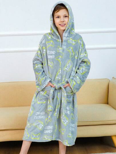 青少年男孩全身游戏机印花拼布口袋系带连帽长袍