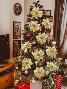 36 Piezas/12 Juegos de Flores Artificiales de Navidad, Flores de Flor de Pascua, Decoración Navideña Roja y Dorada, Flores Decorativas Artificiales para Árbol de Navidad, Adecuadas para Decoración de Fiesta de Navidad, Decoración de Árbol de Navidad DIY, Decoración de Corona de Flores, Decoración Ambiental, Decoración de Apertura, Día de San Valentín, Regalo, Decoración del Hogar, Decoraciones Navideñas, Decoración de Habitación