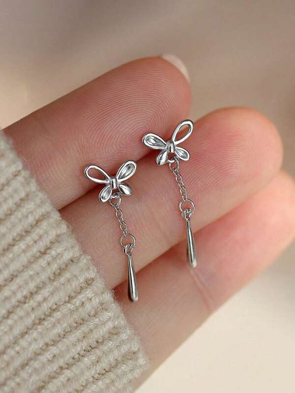 A Pair Of Sterling S925 Silver Vintage Elegant Cute Hollow Butterfly Chain Tassel Ear Studs Earrings For Women Daily Wears Party Valentine's Day Jewelry Gift