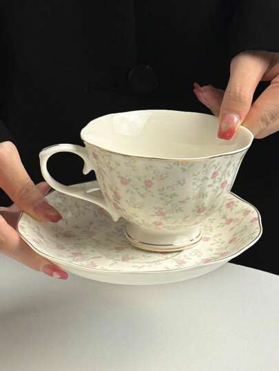 1set Retro Gold-Painted Ceramic Coffee Cup & Saucer, Hand-Painted Pink Floral Pattern, Elegant Afternoon Tea/Coffee Set, High-Quality Mug For Office, Holiday Gift Back To School