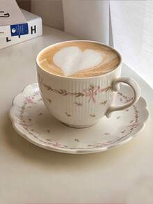 1pc Ins Style Afternoon Tea Cup Set, Korean Girly Pink Floral Bow Retro Ceramic Coffee Cup - White - View 8