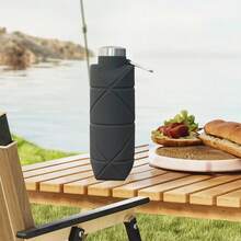 Portable Silicone Water Bottle, Foldable Leak Proof Sports Drinkware With Handle, Washable Reusable Mug, Camping Gear Lightweight Cup For Summer Outdoor Camping Hiking, Camping Utensils, Camping Kitchenware, Outdoor Camping Equipment - 黑色 - 查看 3