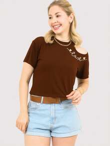 Cropped Blouse With Off-The-Shoulder Cutout, Shoulder Opening, With A Localized Print, Love Viscolycra, Asymmetrical, Blogger - Rust Brown - View 5