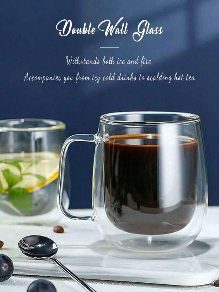 1pc Minimalist Lightweight Double-Layer Insulated Glass Coffee Cup, Double-Layer Insulation, Transparent, With Portable Handle, Suitable For Cappuccino, Latte, Tea, Hot & Cold Beverages, Coffee Cup, Transparent Glass Cup - Clear - View 3