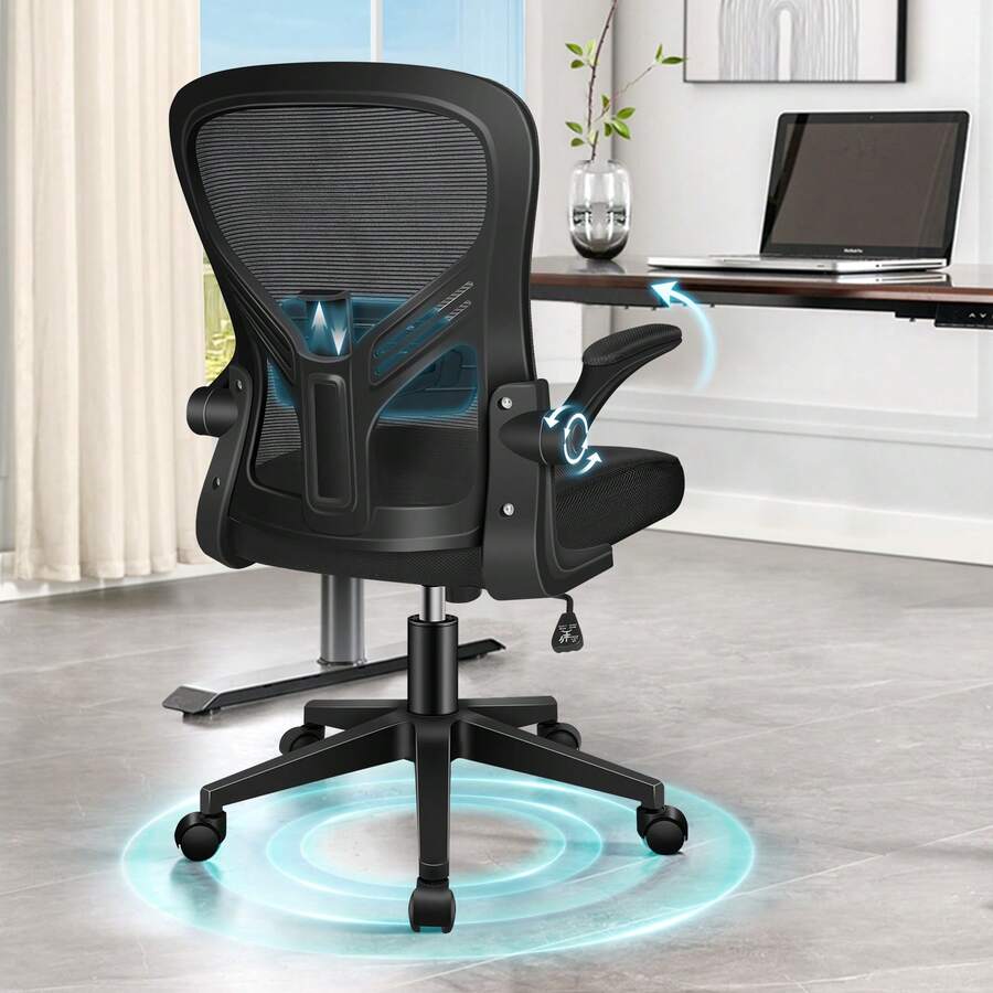 ELFORDSON Ergonomic Office Chair, Adjustable Lumbar Support Desk Chairs For Home Office, Mid-Back Swivel Mesh Computer Chair With Flip-Up Armrests, Tilt Function, Black & White - Black - View 1