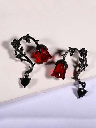 1 对哥特式荆棘藤蔓和红玫瑰花朵耳环，适合女士，万圣节