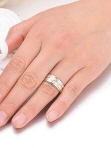 1 件永久不褪色格子水钻金色不锈钢戒指，情侣首饰，男友生日礼物