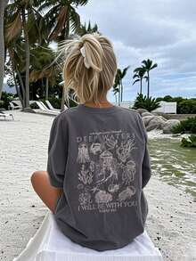 Casual T-Shirt 2026 Marine Animal Print Jellyfish Coral And Phrase Deep Waters Short Sleeve Beach Style Clothing Unisex - 深灰色 - 查看 3