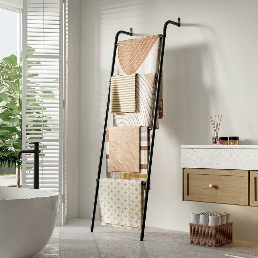 Blanket Ladder 4-Layer Towel Racks Wall-Leaning Blanket Holder Decorative Display Metal Ladder Shelf Stand For Livingroom Bathroom Bedroom - 黑色 - 查看 1