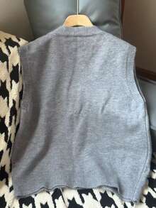 可爱蕾丝刺绣无袖针织女式背心带蝴蝶结，圆领毛衣背心，适合秋冬日常穿着 - 灰色 - 查看 5