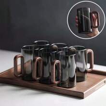 6件套360毫升套装，新颖设计，带木柄，黑色玻璃杯，高硼硅耐热玻璃杯，带手柄，适用于家庭、办公室、客人，大容量茶/水杯 - 黑的 - 查看 5