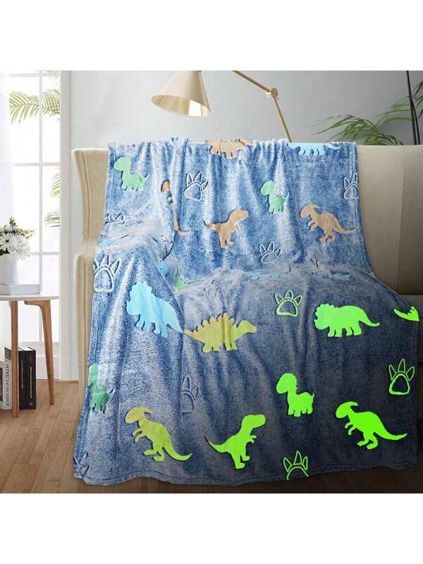 1 pieza Manta de peluche con diseño de dinosaurio que brilla en el dark, decoración esencial para el hogar