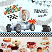 1pc Customized Birthday Background With Racing Car Theme, Vintage Blue And Black Two Fast & Curious Flags, Party Decoration Celebration, With Hieroglyphic Flags And Balloon Icons, Multiple Sizes Available - Multicolor - View 7